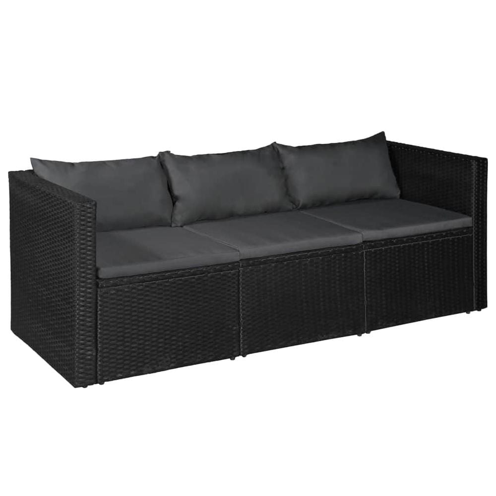 vidaXL 3 Seater Garden Sofa Black Poly Rattan with Gray Cushions, 44173