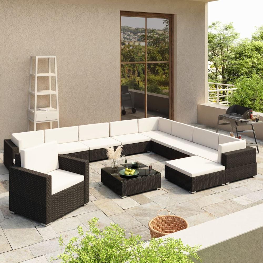 vidaXL 12 Piece Garden Lounge Set with Cushions Poly Rattan Black, 41263