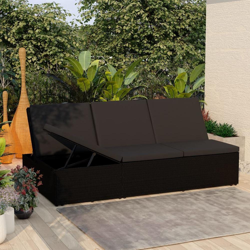 vidaXL Convertible Sun Bed with Cushion Poly Rattan Black, 46245