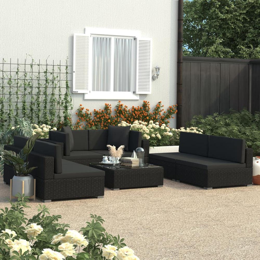 vidaXL 7 Piece Garden Lounge Set with Cushions Poly Rattan Black, 48333